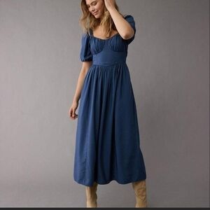 Blue Square-Neck Puff Sleeve Midi Dress